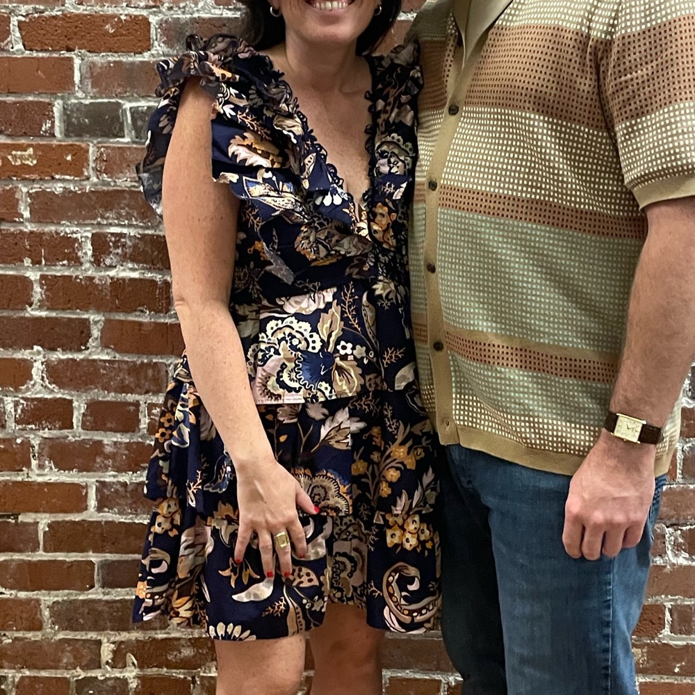 Anthropologie Navy Floral Ruffle V‑Neck Mini Dress